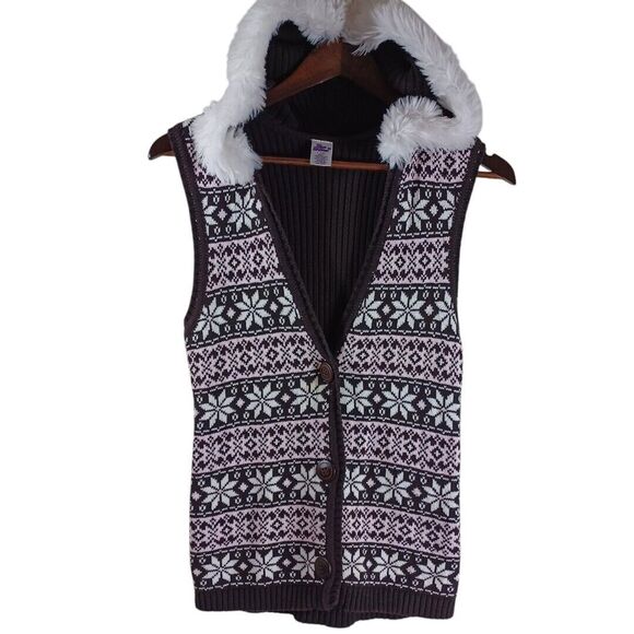 Miss Attitude Fair Isle Fur Trimmed Hooded Knit Brown Pink Girls L Sweater Vest - Picture 1 of 7